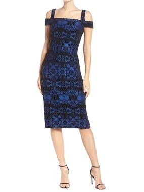 NWT Dark Blue Black Midi Cold Shoulder Floral Velvet
Dress